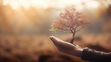 künstlerisch Hände Umarmung der Natur Schönheit halten Baum Über verschwommen Hintergrund foto