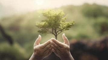 künstlerisch Hände Umarmung der Natur Schönheit halten Baum Über verschwommen Hintergrund foto