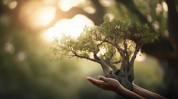 künstlerisch Hände Umarmung der Natur Schönheit halten Baum Über verschwommen Hintergrund foto