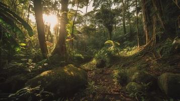 ein friedlich Wald Clearing gebadet im warm Sonnenlicht, umgeben durch hoch Bäume und üppig Laub, mit ein sanft Strom rieseln durch das Unterholz und ein entfernt Berg Angebot sichtbar foto