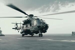 Militär- Hubschrauber auf Kriegsschiff Tafel im das Meer. Marine Hubschrauber auf Tafel das Flugzeug Träger. erstellt mit generativ ai foto