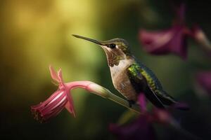 Porträt von ein Grün Kolibri auf ein Blume erstellt mit generativ ai Technologie. foto