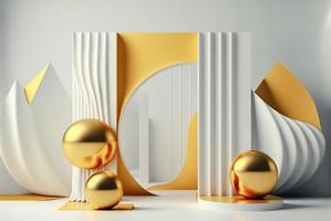 Foto 3d Rendern von das realistisch Gold Podium im Luxus und minimal Design mit golden Vorhänge