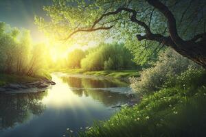 Frühling Landschaft mit das Sonne schön leuchten das Fluss. ai generiert foto