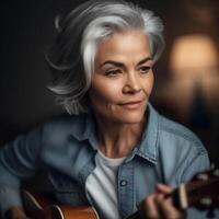 alt Frau spielen akustisch Gitarre. ai generiert Illustration foto
