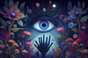 Mystik Hintergrund mit Magie Wald Blumen und Hände mit Augen Aufpassen foto