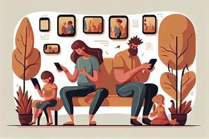 Familie mit Smartphones und Tablets, Eltern und Kinder mit Telefone. Sozial Medien Sucht foto