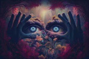 Mystik Hintergrund mit Magie Wald Blumen und Hände mit Augen Aufpassen foto