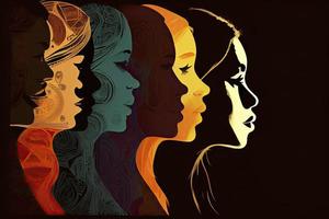 Frau Gesicht Silhouette im Profil mit Gruppe von multikulturell und multiethnisch Frauen Gesichter Innerhalb foto