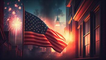 amerikanisch Flagge winken im das Luft mit Feuerwerk und Nacht Szene Aussicht vierte von Juli Konzept Unabhängigkeit Tag Zeit zum Revolution Juli 4 .. ai generiert foto