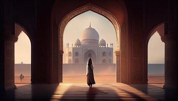 Frau im taj Mahal Reise Tourist im Indien Ramadan das heilig Zeit zum Gebet Welt Tourismus Tag 27 .. September ai generiert foto