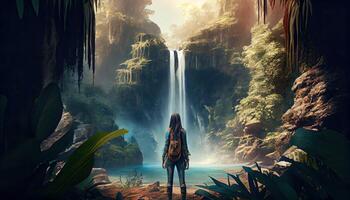 Frau im Vorderseite von ein Wasserfall im ein tropisch Wald Abenteuer Welt Tourismus Tag 27 .. September ai generiert foto