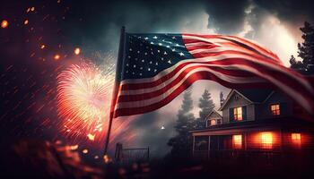 amerikanisch Flagge winken im das Luft mit Feuerwerk und Nacht Szene Aussicht vierte von Juli Konzept Unabhängigkeit Tag Zeit zum Revolution Juli 4 .. ai generiert foto