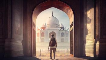 Mann im taj Mahal Reise Tourist im Indien Ramadan das heilig Zeit zum Gebet Welt Tourismus Tag 27 .. September ai generiert foto