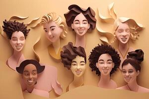 gemischtrassig Frauen Stehen zusammen und lächelnd beim Kamera, Papier Kunst. Porträt von interracial weiblich Modelle. Vielfalt Konzept. erstellt mit generativ ai foto