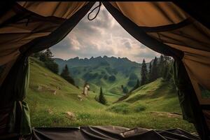 tolle Aussicht von Innerhalb Zelt zu Berg Landschaft. Camping während Wanderung im Berge, draussen Aktivitäten. erstellt mit generativ ai foto