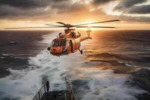 Suche und Rettung Betrieb im Meer. Notfall Rettung Hubschrauber fliegt Über Meer Oberfläche, suchen zum die Opfer nach Absturz. erstellt mit generativ ai foto
