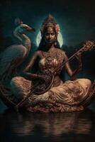 Göttin Saraswati Digital Kunst kosmisch glühend Bild generativ ai foto