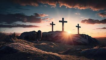 Jesus Christus beim Sonnenaufgang drei Kreuze auf Hügel generativ ai foto