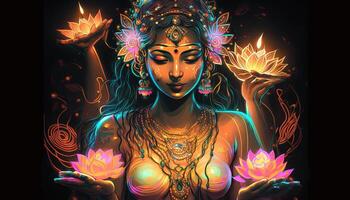 magisch Neon- Energie Hindu Göttin mit Lotus generativ ai foto