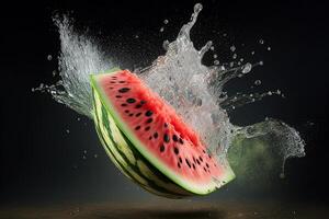 Wasser spritzt auf ein frisch Wassermelone isoliert auf Weiß Hintergrund. generativ ai foto