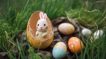 glücklich Ostern Tag Hintergrund und Hintergrund, süß Hase Kaninchen, Ornament, und bunt Ei, Kopieren Raum Gruß und Hintergrund, Banner, rustikal Jahrgang Design Material. feiern Ostern. foto