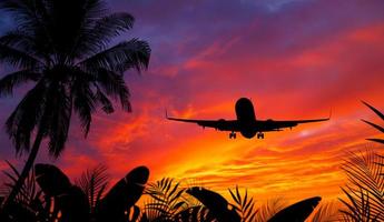 Passagier Flugzeug im Ansatz zum Landung mit schön Sonnenuntergang und tropisch Bäume und Pflanzen. foto