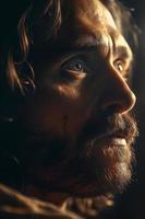 Profil Porträt von Jesus Christus im dramatisch Beleuchtung - - generativ ai.