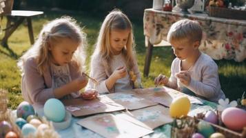 glücklich Kinder auf das Rasen Gemälde und dekorieren Ostern Eier - - generativ ai. foto