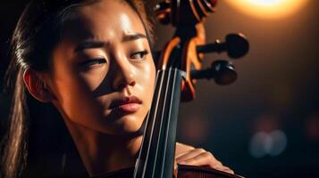 jung asiatisch Mädchen spielen ihr Cello beim das Konzert Halle unter dramatisch Beleuchtung - - generatvie ai. foto