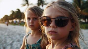 zwei jung Kinder Freundinnen posieren tragen Sonnenbrille haben Spaß auf das Strand - - generatvie ai. foto