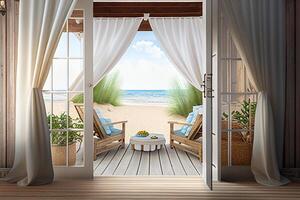 friedlich Terrasse auf Mittelmeer Strand - - generativ ai. foto