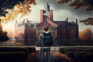 Junge mit Rucksack Stehen im Vorderseite von Hochschule - - generativ ai. foto