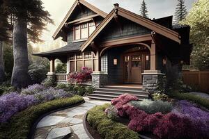 stilvoll Handwerker Stil Haus mit üppig Landschaftsbau - - generativ ai. foto