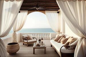 friedlich Terrasse auf Mittelmeer Strand - - generativ ai. foto