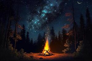 Lagerfeuer im das Wald unter das Sterne - - generativ ai. foto