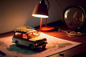 Miniatur Auto ruhen auf Schreibtisch und Straße Karte - - Reise Konzept - - generativ ai. foto
