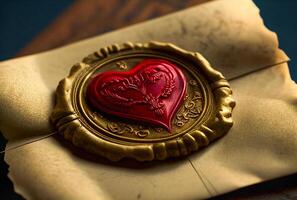 Herz geformt Wachs Siegel auf Briefumschlag - - generativ ai. foto