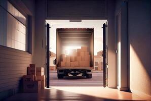 groß halb Traktor-Anhänger Lieferung LKW beim das Öffnung von ein kommerziell Gebäude Garage gefüllt mit Kisten - - generativ ai. foto