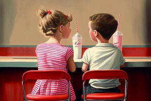 romantisch jung Junge und Mädchen Sitzung Seite durch Seite beim das Malz Geschäft - - generativ ai. foto