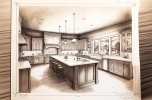 architektonisch Rau Erkundung Zeichnung von ein Benutzerdefiniert Küche Innere - - generativ ai. foto