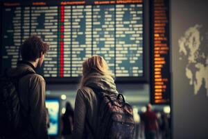 unzufrieden und betont jung Erwachsene Paar beim Flughafen Anzeigen abgebrochen Flüge auf Flug Information und Flughafen Anzeige Tafel - - generativ ai. foto