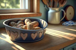 Herz geformt Valentinstag Tag Kekse im Zinn Schüssel im warm Küche - - generativ ai.- generativ ai. foto
