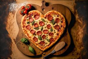 Overhead von Herz geformt Valentinstag Tag Peperoni Pizza auf Holz Schneiden Tafel mit Basilikum Blätter und Tomaten - - generativ ai. foto