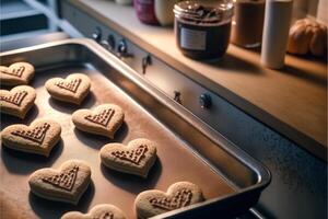 Herz geformt Valentinstag Tag Kekse auf Backen schwenken frisch aus von das Ofen im warm Küche - - generativ ai. foto