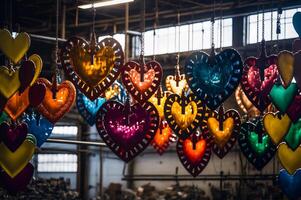 bunt Valentinstag Tag Herz geformt Produkte hängend im Fabrik - - generativ ai. foto