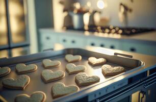 Herz geformt Valentinstag Tag Kekse auf Backen schwenken frisch aus von das Ofen im warm Küche - - generativ ai. foto