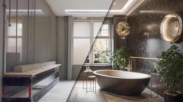 luxuriös Benutzerdefiniert Badezimmer Aktualisierung Innere Vor und nach Konstruktion - - generativ ai. foto