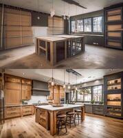 luxuriös Benutzerdefiniert Küche Aktualisierung Innere Vor und nach Konstruktion - - generativ ai. foto