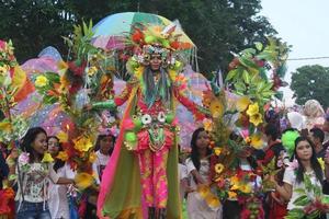 Jember, jawa Timur, Indonesien - - August 25, 2015 Jember Mode Karneval Teilnehmer sind geben ihr Beste Performance mit ihr Kostüme und Ausdrücke während das Fall, selektiv Fokus. foto